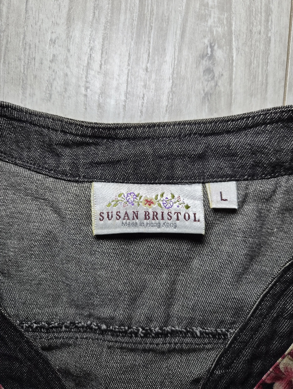 Patchwork Susan Bristol Vintage Vest top button up denim lace floral L Cottagec - Picture 3 of 8
